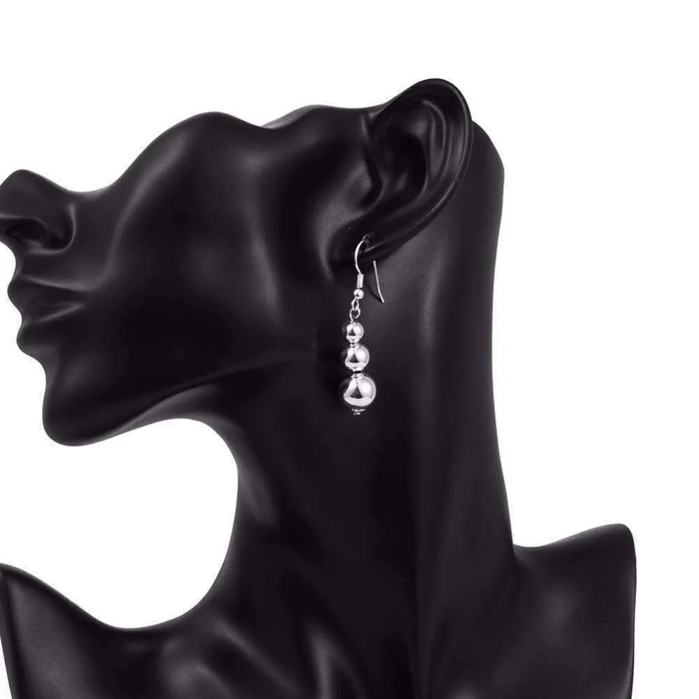Silver Triple Bead Dangling French Hook Earrings for Woman