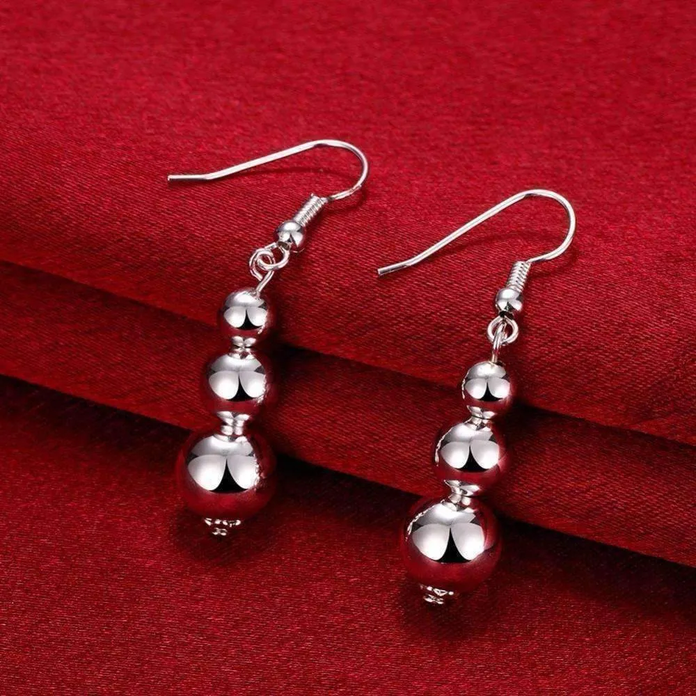 Silver Triple Bead Dangling French Hook Earrings for Woman