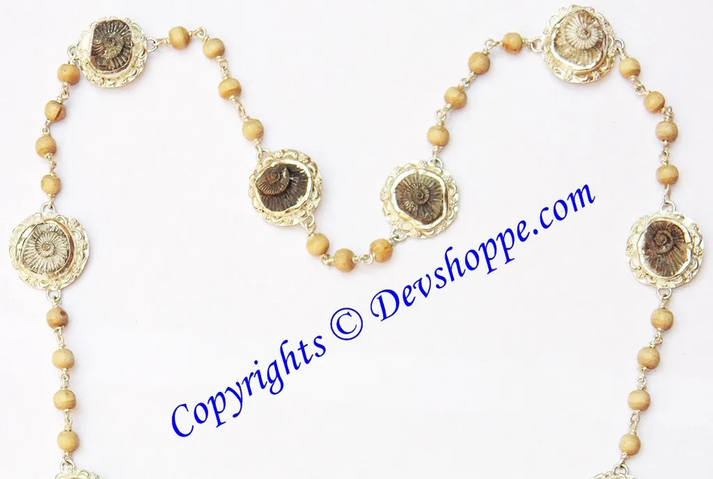 Sudarshan Shaligram Rosary / Sudarshan Shaligram Mala in pure silver with Tulsi beads