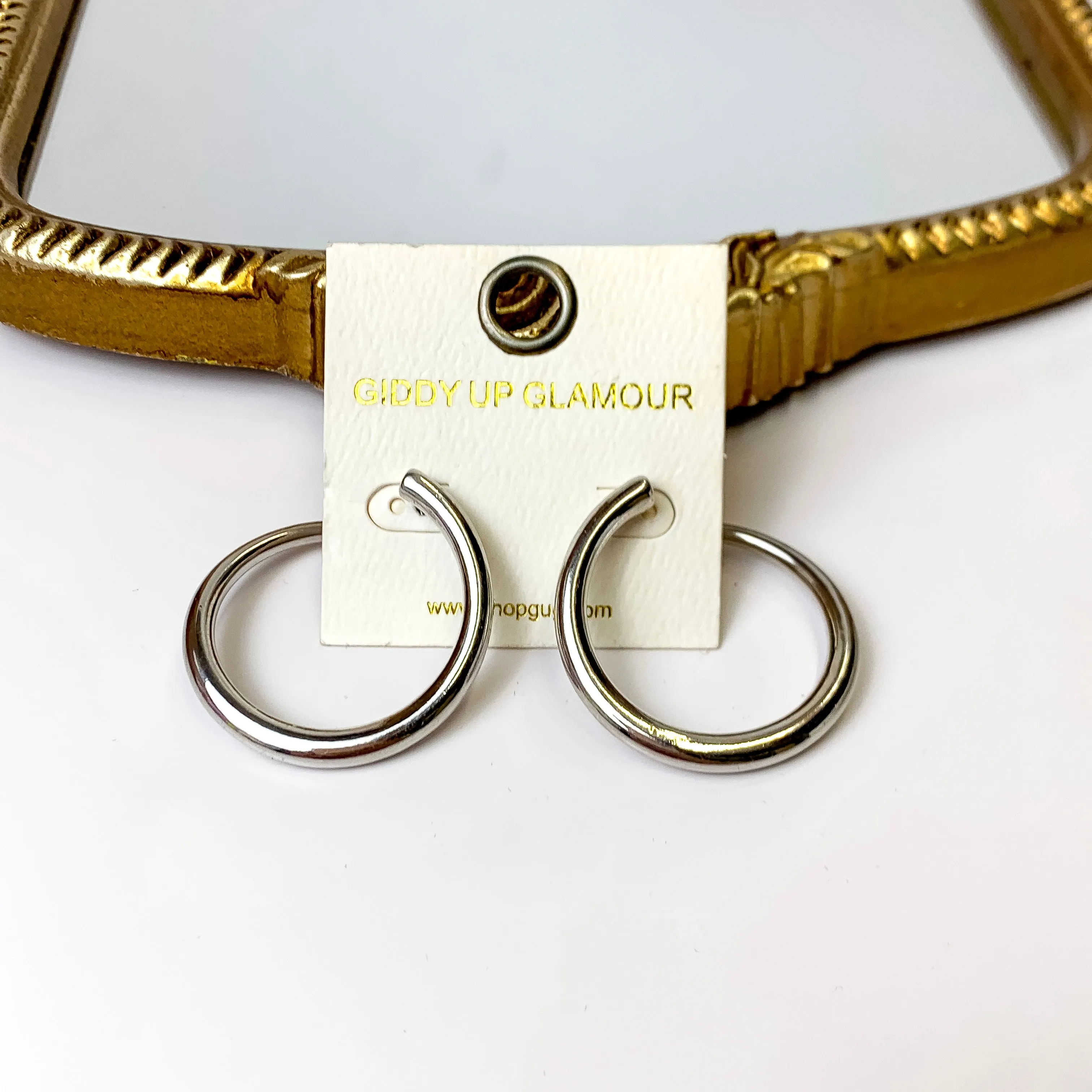 Thick Offset Silver Tone Hoop Earrings