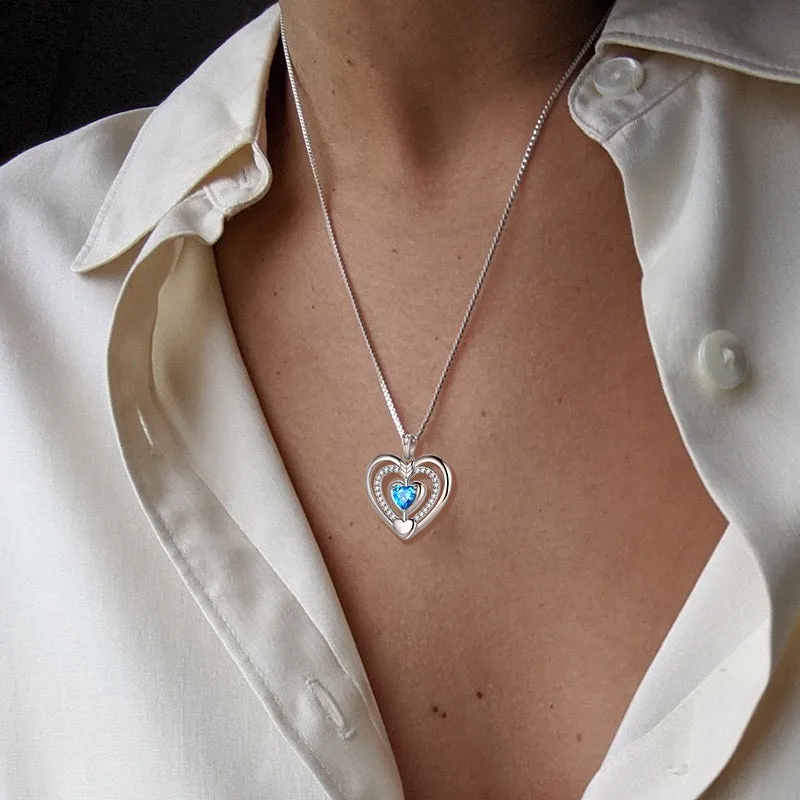Tokyo Mart Women Blue Heart Necklace March Birthstone Pendant Aquamarine Girls Jewelry Birthday Gifts 925 Sterling Silver