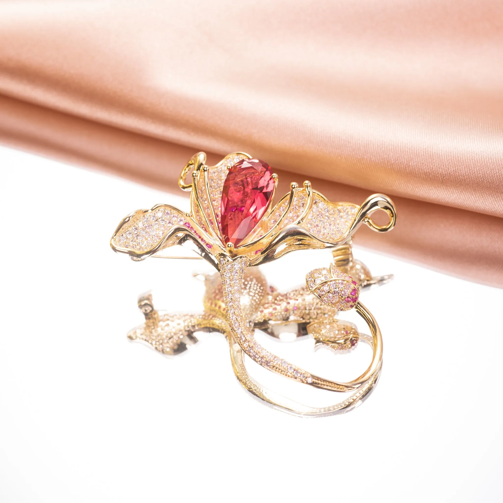 Tulip Brooch Pin Jewelry with CZ and Yellow Gold over Brass