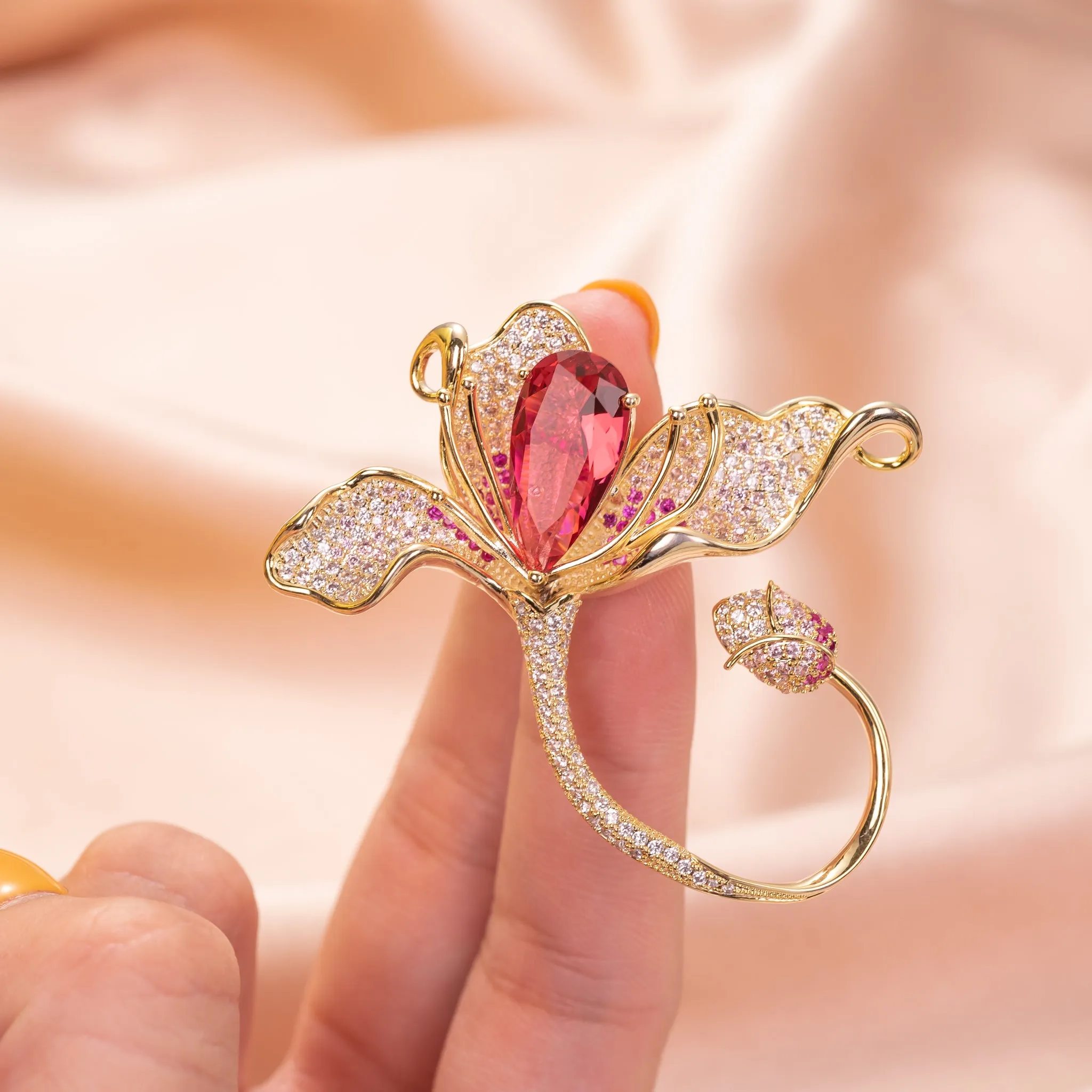 Tulip Brooch Pin Jewelry with CZ and Yellow Gold over Brass