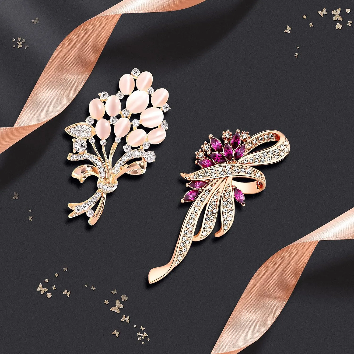 Unaone Brooches for women, Set of 2 Rhinestone brooch pins, Elegant Gold Crystal Floral Wedding Bouquet Brooch