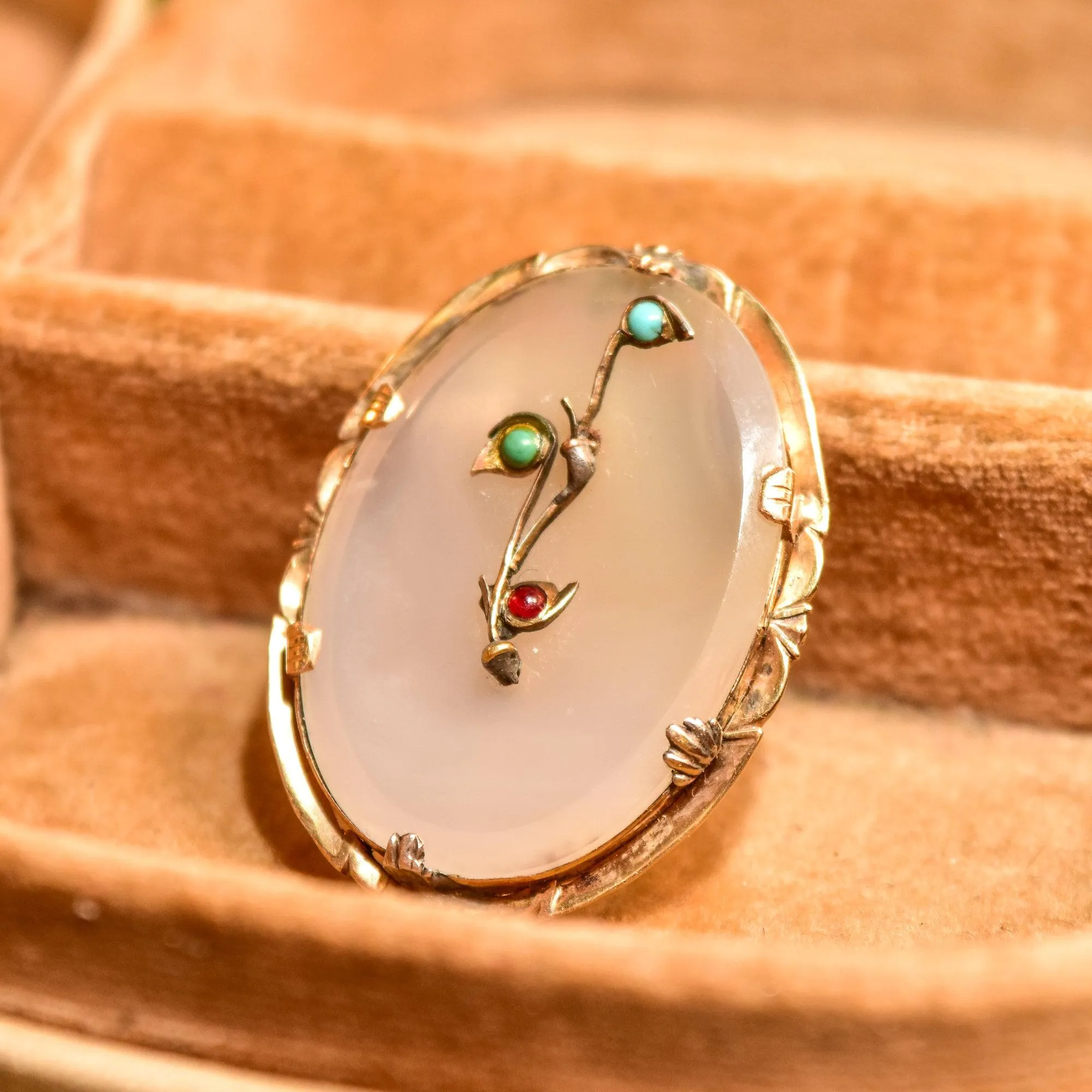Victorian 14K Quartz Floral Filigree Cameo Style Brooch, Engraved Yellow Gold Setting, Turquoise & Ruby Accents