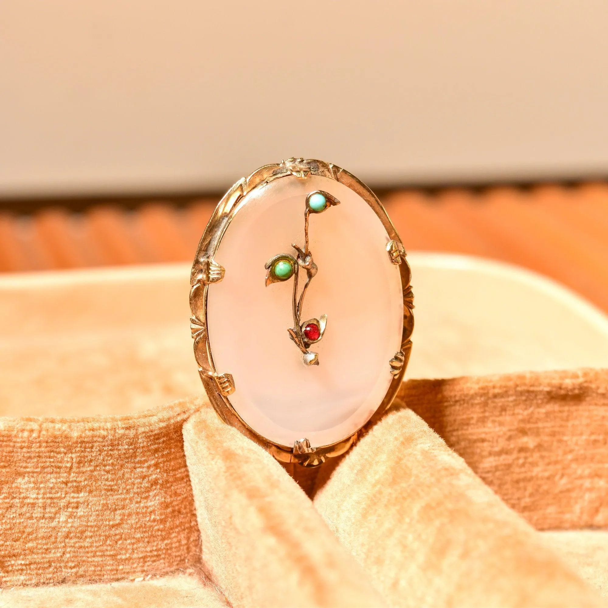 Victorian 14K Quartz Floral Filigree Cameo Style Brooch, Engraved Yellow Gold Setting, Turquoise & Ruby Accents