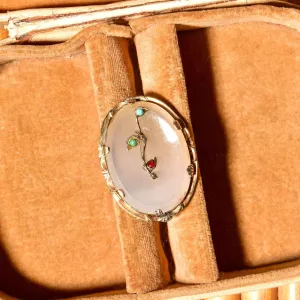 Victorian 14K Quartz Floral Filigree Cameo Style Brooch, Engraved Yellow Gold Setting, Turquoise & Ruby Accents