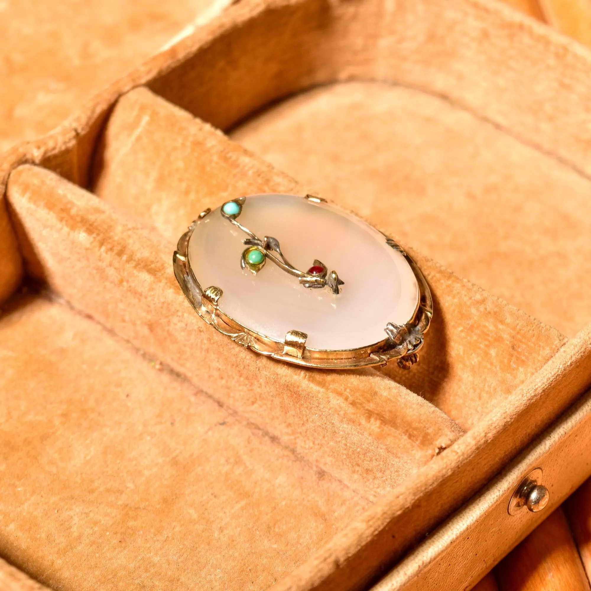 Victorian 14K Quartz Floral Filigree Cameo Style Brooch, Engraved Yellow Gold Setting, Turquoise & Ruby Accents