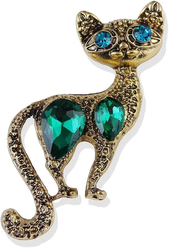Vintage Cat Emerald Crystal Lapel Brooch Pin for Women Girls Austrian Rhinestone Kitten Animal Pet Pins Sweater Scarves Dress Badges Suit Clothes Accessories Brooches Pins Antique Jewelry Gifts