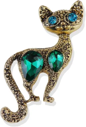 Vintage Cat Emerald Crystal Lapel Brooch Pin for Women Girls Austrian Rhinestone Kitten Animal Pet Pins Sweater Scarves Dress Badges Suit Clothes Accessories Brooches Pins Antique Jewelry Gifts