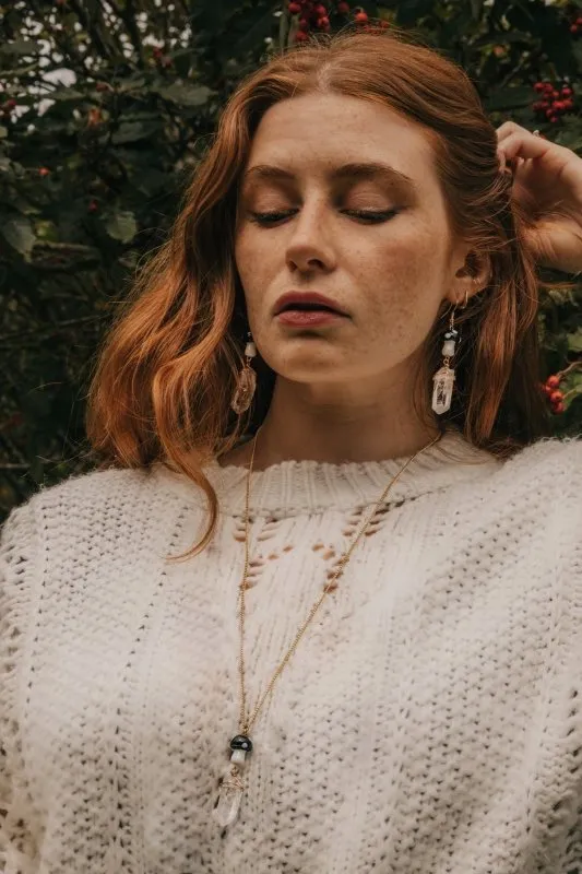 Xander Kostroma Gold Tone Black Mushroom & Raw Quartz Earrings – Unique 7cm Drop, Natural Quartz and Mushroom Design, Statement Earrings for Bold Fashion Lovers, Boho Jewelry Gift