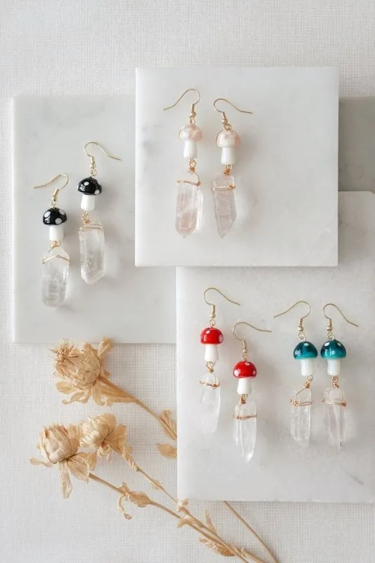 Xander Kostroma Gold Tone Black Mushroom & Raw Quartz Earrings – Unique 7cm Drop, Natural Quartz and Mushroom Design, Statement Earrings for Bold Fashion Lovers, Boho Jewelry Gift
