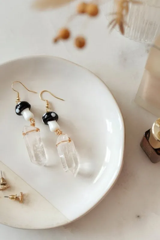 Xander Kostroma Gold Tone Black Mushroom & Raw Quartz Earrings – Unique 7cm Drop, Natural Quartz and Mushroom Design, Statement Earrings for Bold Fashion Lovers, Boho Jewelry Gift